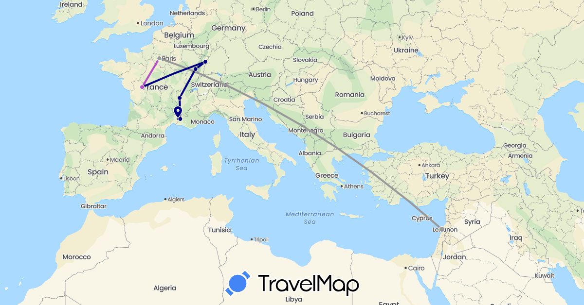TravelMap itinerary: driving, plane, train in France, Lebanon (Asia, Europe)